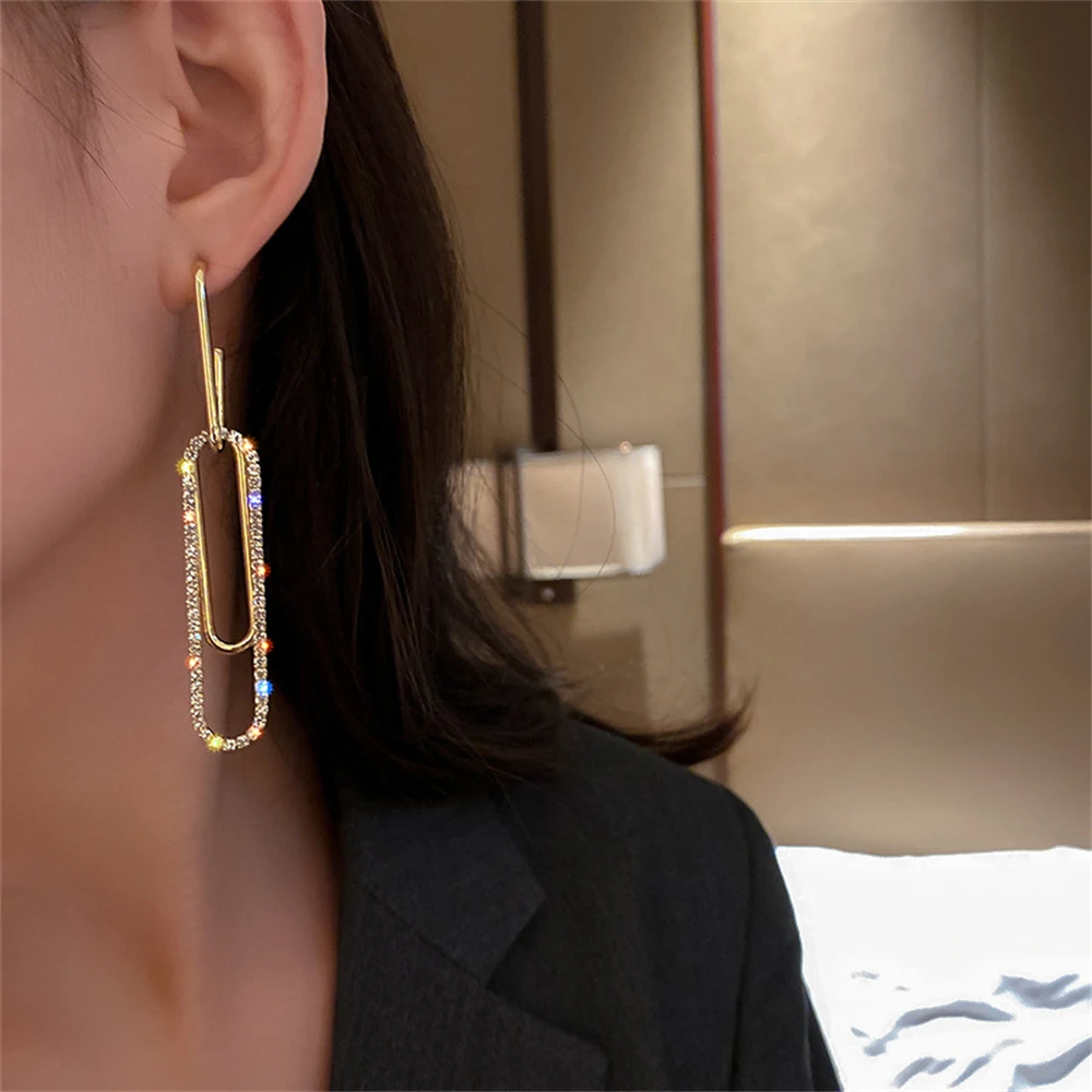 

Luxury Long Tassel Rectangle Crystal Drop Earrings For Women Gold Color Geometric Rhinestone Earrings High Sense Party Jewelry