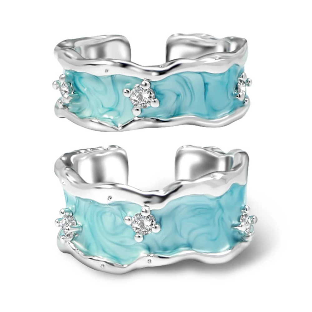 

Blue Enamel Zircon Irregular Ring Cubic Zirconia Adjustable Rings White Gold Plated in Brass Opening Couple Women Men CZ Anillos