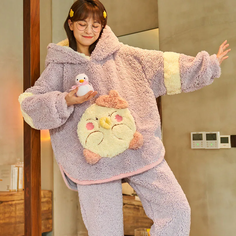 FUNISHI Winter Pajamas Cartoon Loose Version Hooded Pajama Set Inspissate Women Sleepwear Keep Warm Plush Plus Size 3XL Nighty