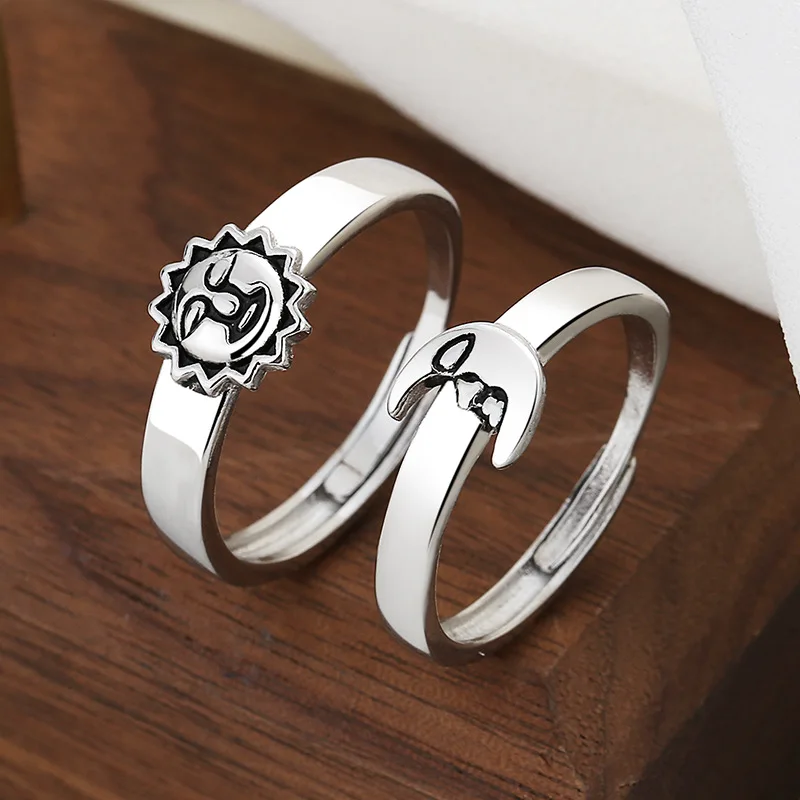 

2Pcs Newest Sun and Moon Lover Couple Rings Set Adjustable Finger Rings Set Promise Wedding Bands for Him and Her Gift