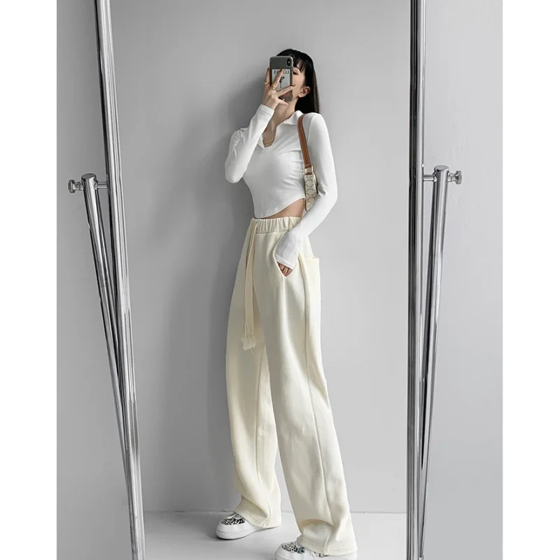 

Женская одежда, белые повседневные брюки с высокой талией, винтажная мешковатая уличная одежда, стильные модные женские прямые широкие брюки оверсайз