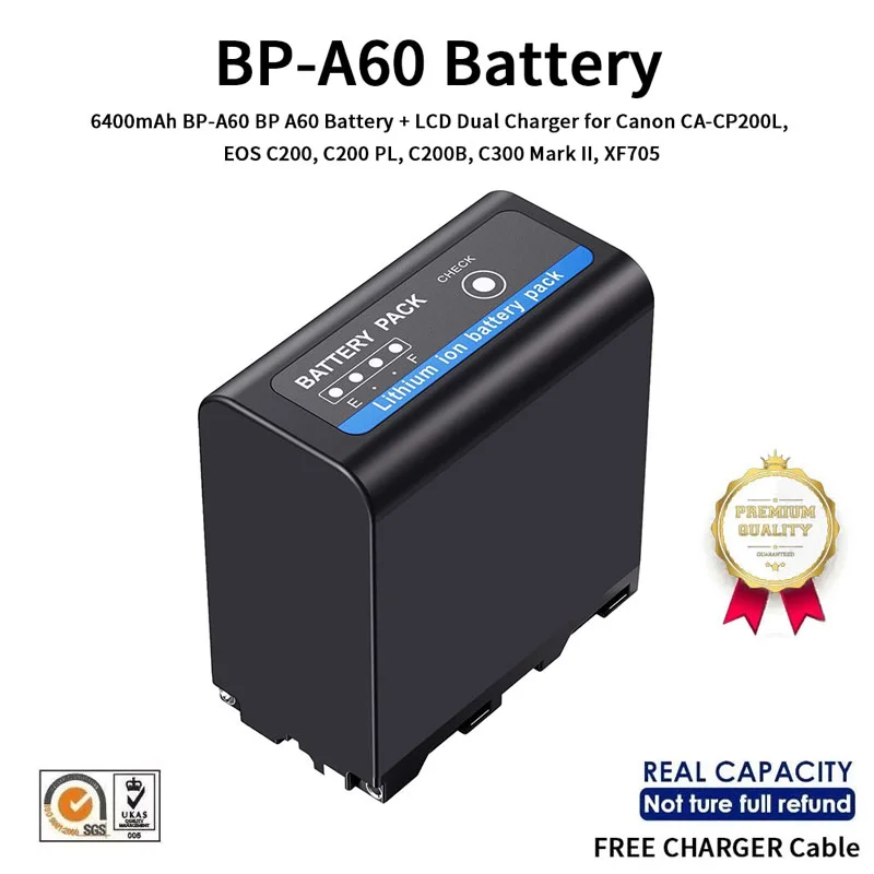 6400mAh BP-A60 BP A60 Battery + LCD Dual Charger for Canon CA-CP200L, EOS C200, C200 PL, C200B, C300 Mark II, XF705