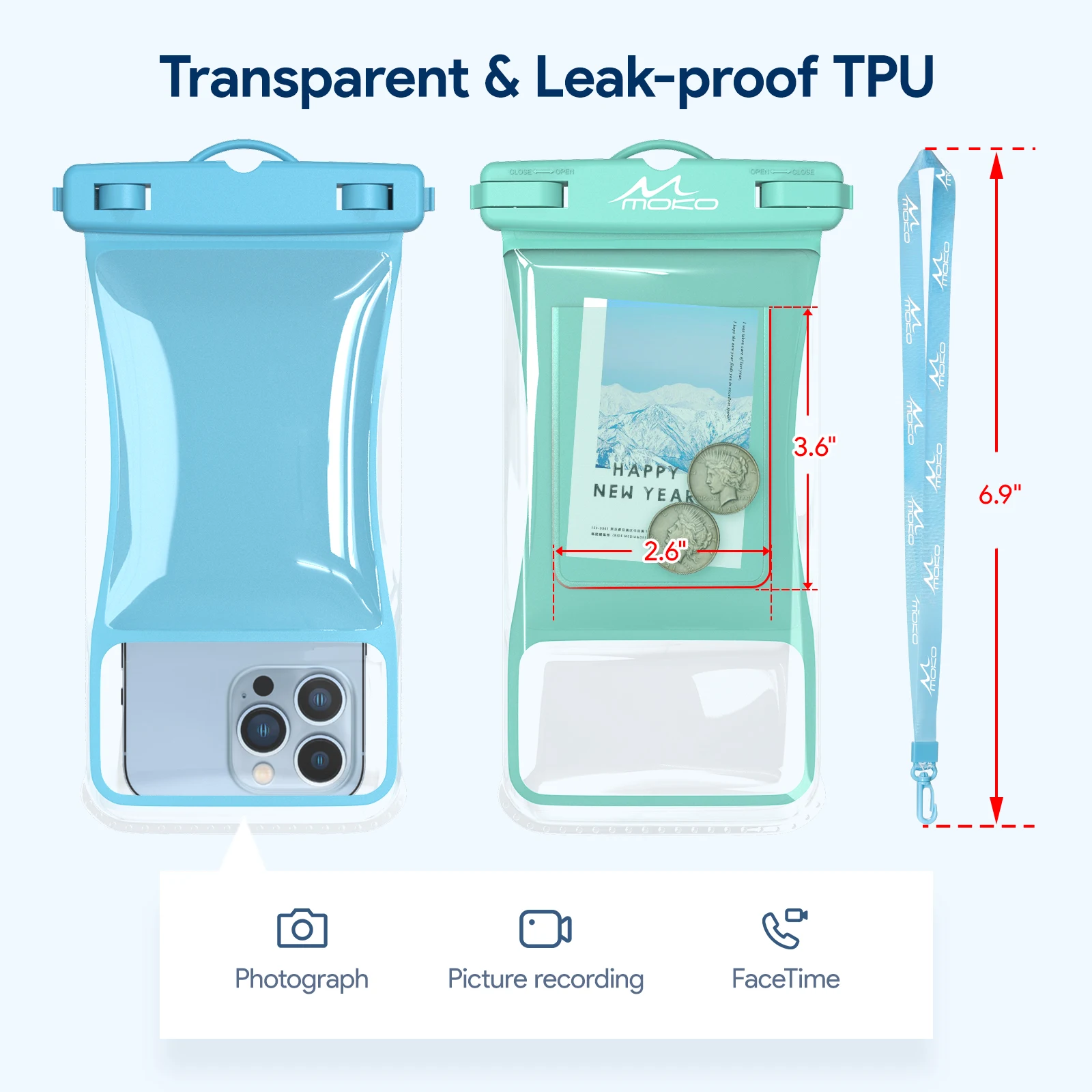 MoKo Waterproof Phone Pouch Holder 2 Pcs Floating Case Dry Bag with Lanyard for iPhone 13/13 Pro Max/12/11 Pro/SE 3, Galaxy S21