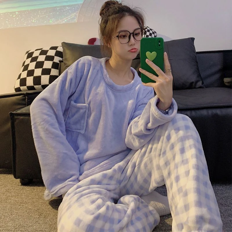 Зима 2023 Женский пижамный комплект фланелевый теплый домашний костюм милая