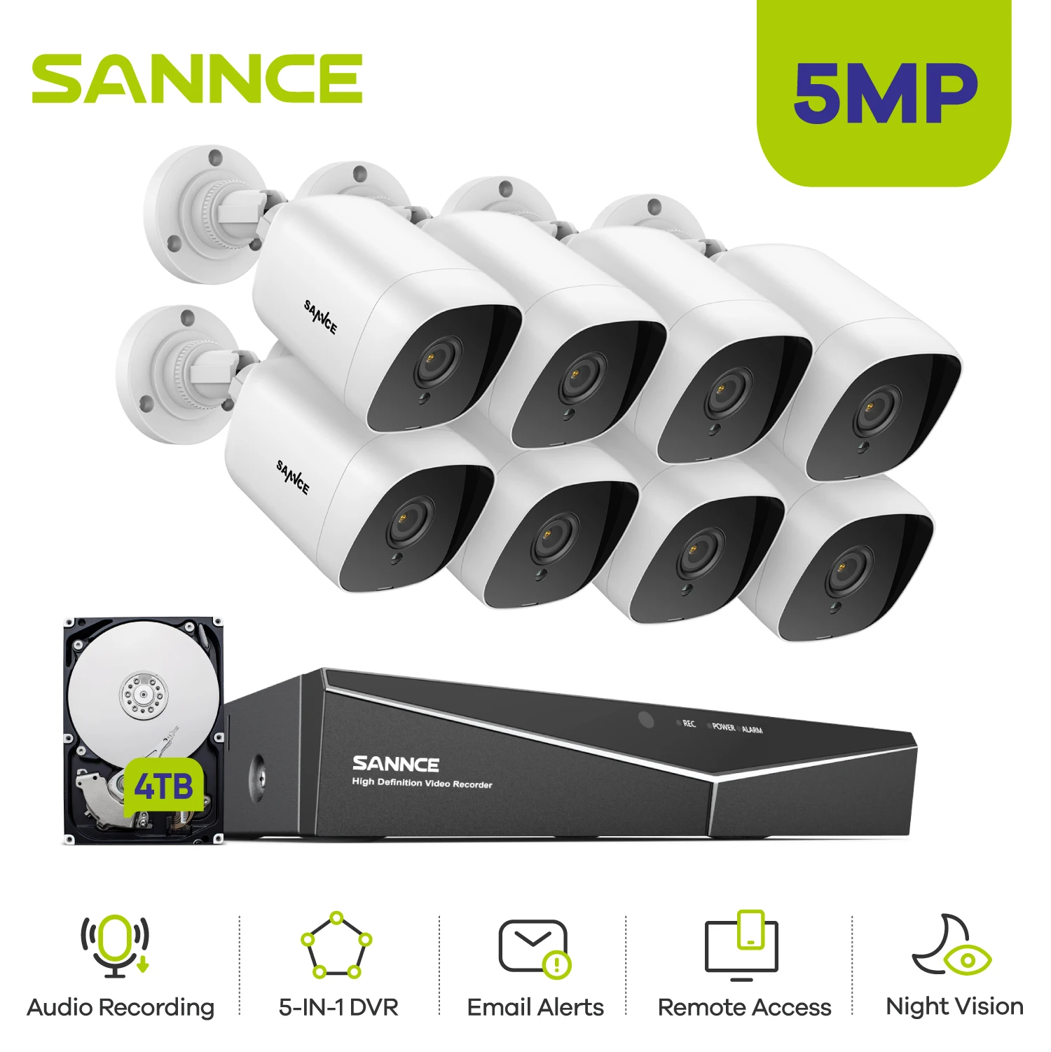 SANNCE 8CH 5MP-N HD DVR система камер домашней безопасности 5MP AI обнаружения человека IP66 Наружные камеры видеонаблюдения CCTV комплект