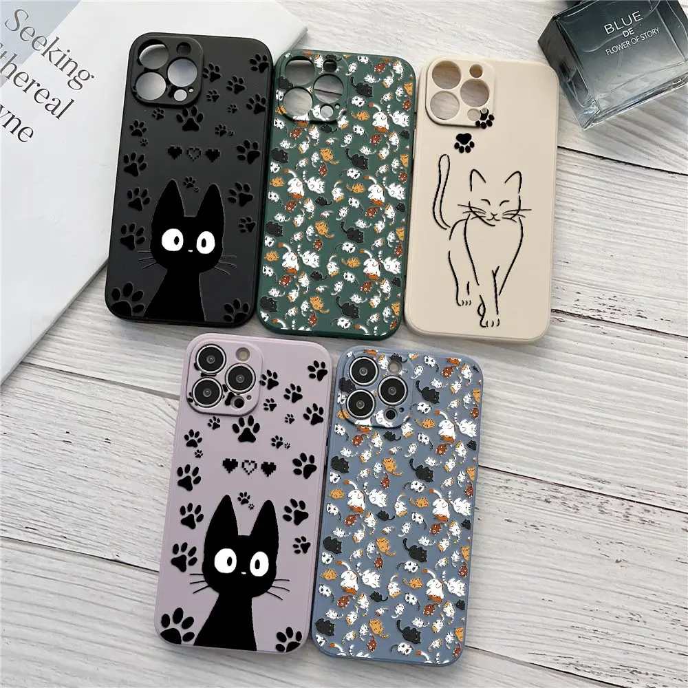 

Cute Cartoon Cat Animal Phone Case For iPhone 14 13 12 11 Pro Max Mini X XS 7 8 14 Plus SE 2020 Cases Liquid Silicone Back Cover