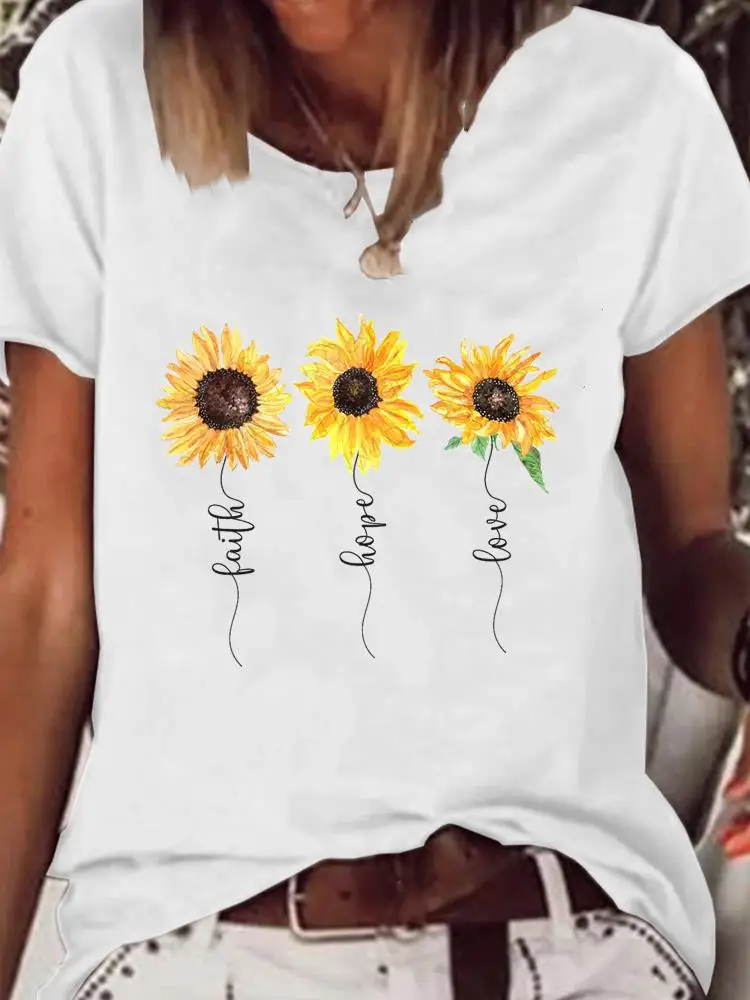 

Print T Shirt Short Sleeve Clothes Women Clothing Fashion Graphic T-shirt Faith Sunflower Trend 90s Summer Kawaii Basic Tee Top