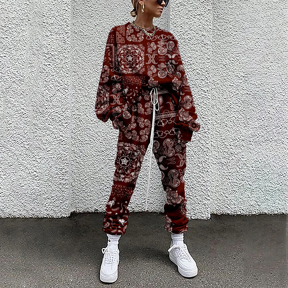 

Flowers Printed Tracksuit Oversized Two Piece Set Long Sleeve O-Neck Sweatshirts+Sweatpants Harajuku Streetwear Women's Sets