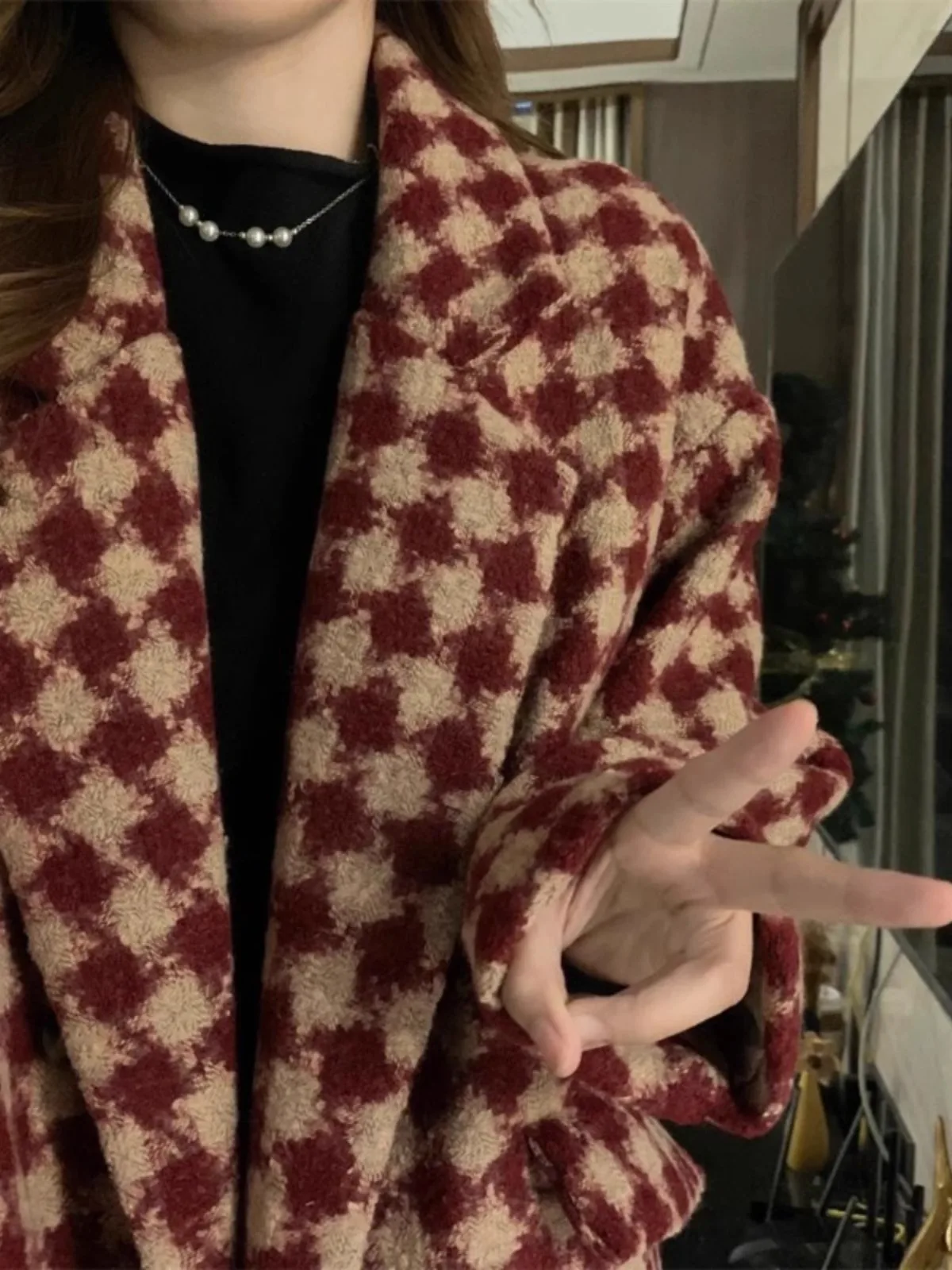Красное клетчатое женское пальто 2024 осень и зима новое маленькое