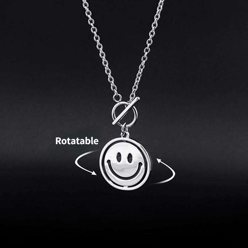 

Stainless Steel Smiley Pendant Sweater Chain Men and Women Tide Edition Simple Turnable Necklace Personality Round Brand Jewelry