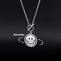 stainless steel smiley pendant sweater chain men and women tide edition simple turnable necklace personality round brand jewelry
