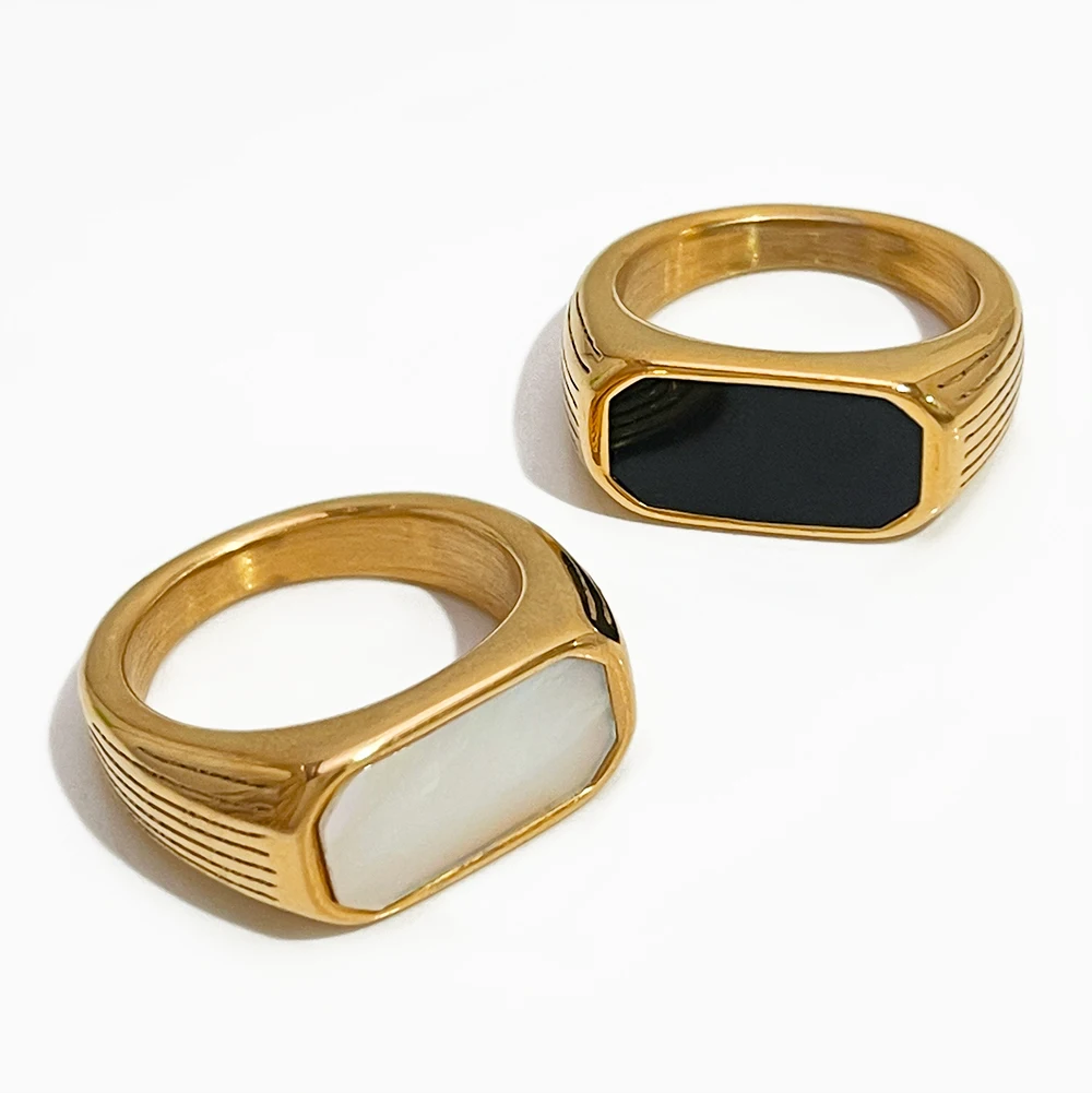 Peri'sBox Chunky Elegant Stainless Steel Gold Plated Rectangle Monther of Pearl Rings Jewelry Black Shell Finger Ring Unusual