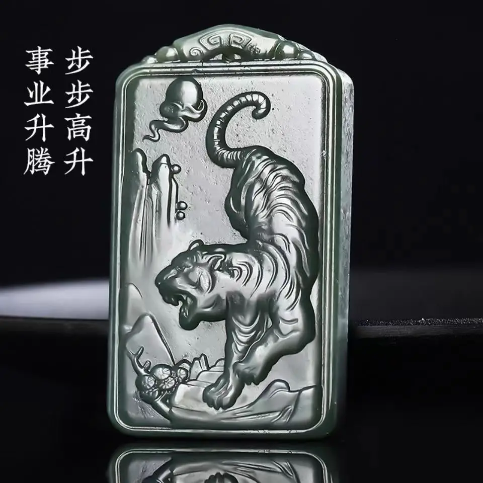 

Genuine Natural Hetian Sapphire Jadeite Carving Mountain Tiger Pendant For Men And Women With Chain Jade Necklace Fine Jewelry