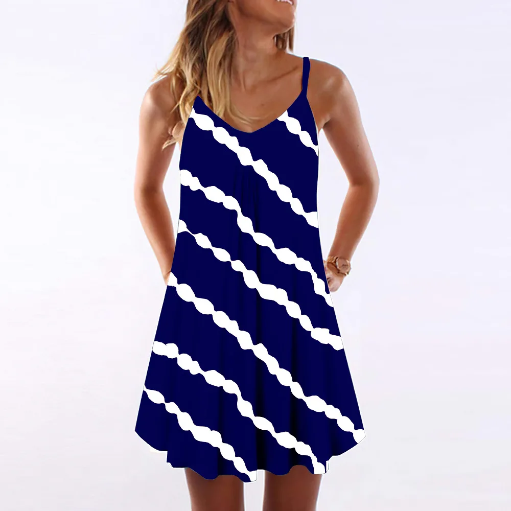 

Women Fashion Mini Dress Slash Neck Sling Sleeveless Loose Casual Print Striped Sexy Fashion Vestidos Feminino Summer Cool 2021