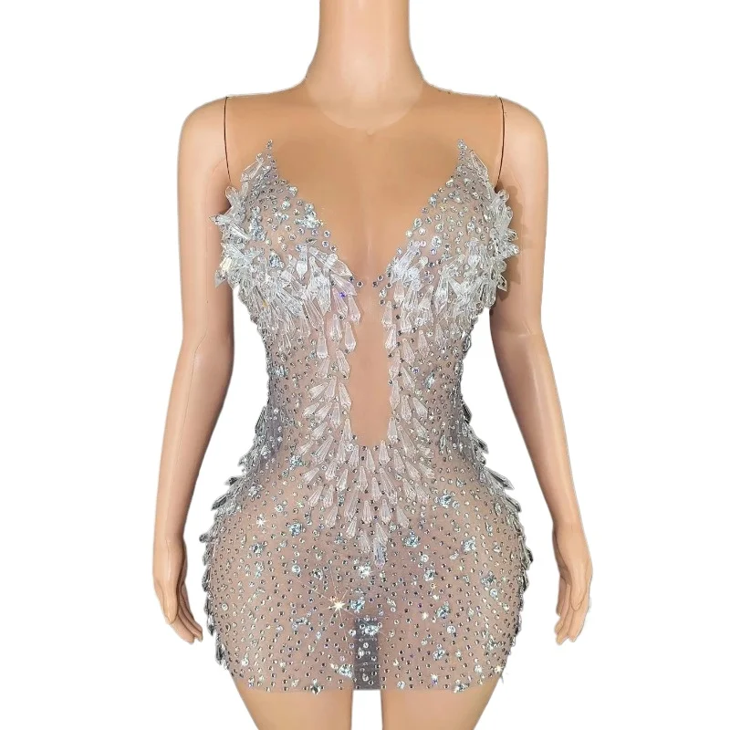 Короткое платье на день рождения со стразами и кристаллами женское сексуальное