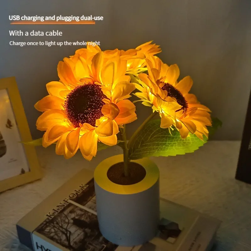 Rechargeable Sunflower LED Simulation Night Light Room Bedroom Bedside Decoration Atmosphere Light Birthday Gift  for Children