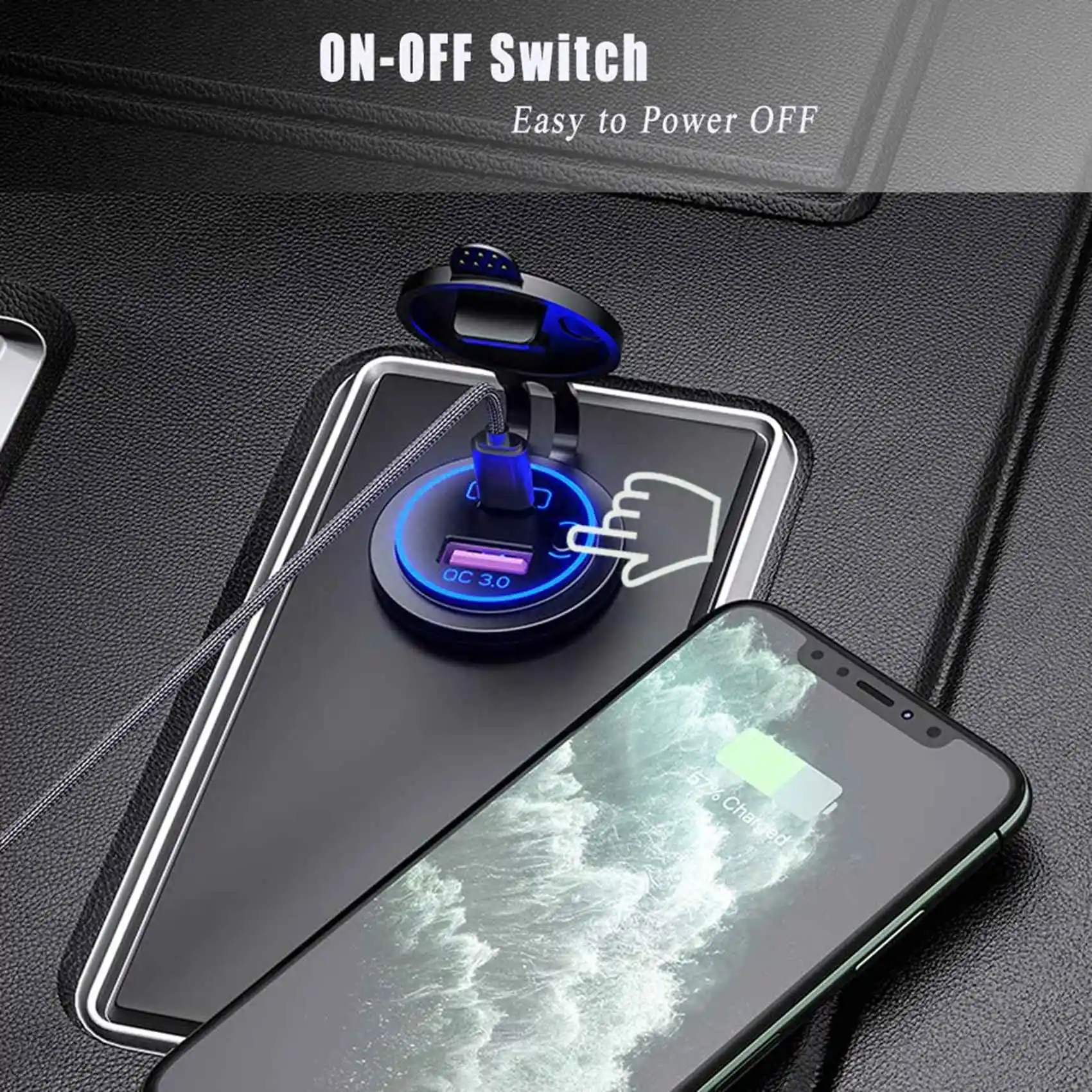 Фото Автомобильная розетка A48P-3X PD Type C USB и быстрозарядное устройство QC 3.0 12В с выключателем для мотоциклов и автодомов, синий цвет №2
