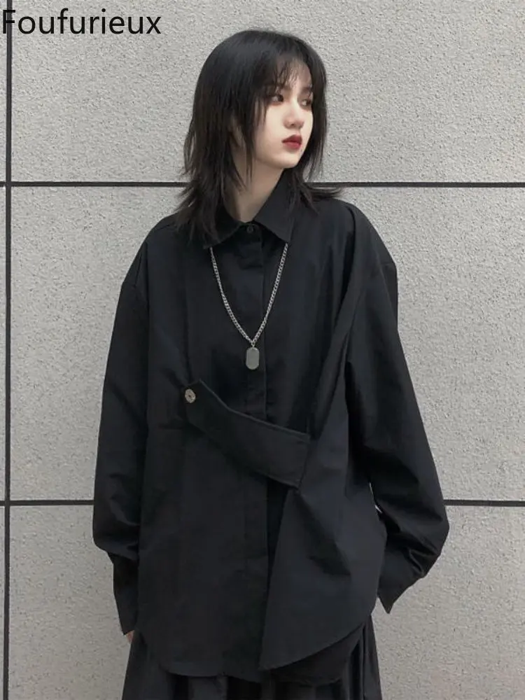 

Асимметричная темная черная блузка, новинка 2022, Женский Топ Ямамото, рубашка с длинным рукавом, трендовая корейская модная одежда, винтажны...