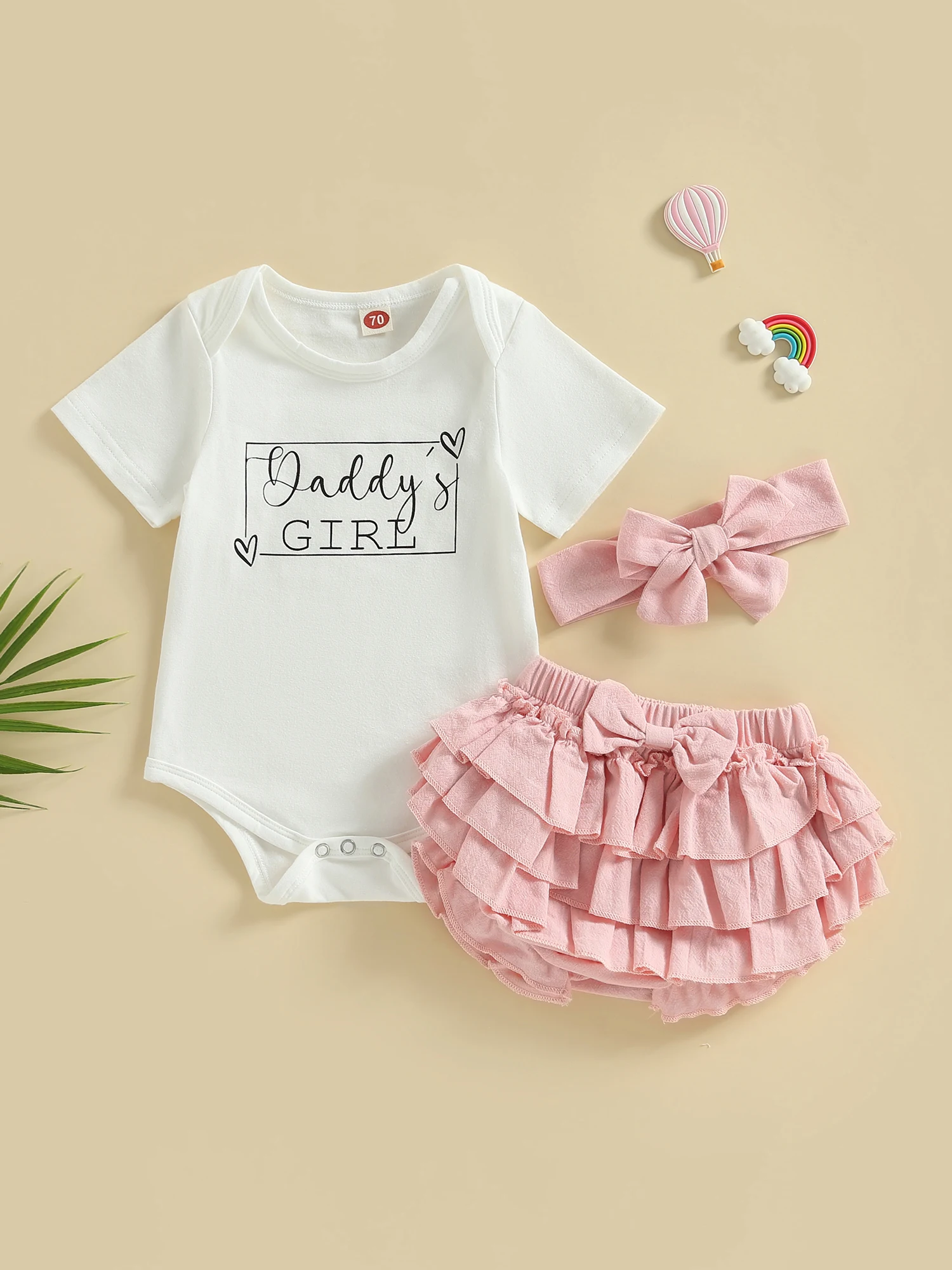 Adorable Baby Girl s Summer Set with White Short Sleeve Romper Layered Ruffle PP Shorts and Matching Headband - Perfect for