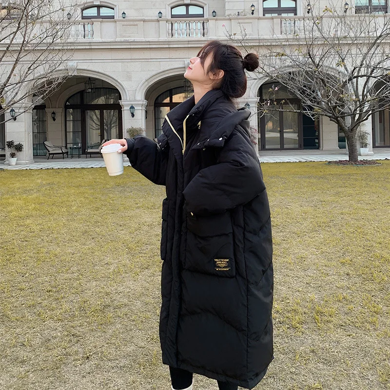 Down Jacket Women Winter Knee-length Loose White Duck Down Cotton Jacket Solid Colour Large Pockets Hooded Thickened Jacket