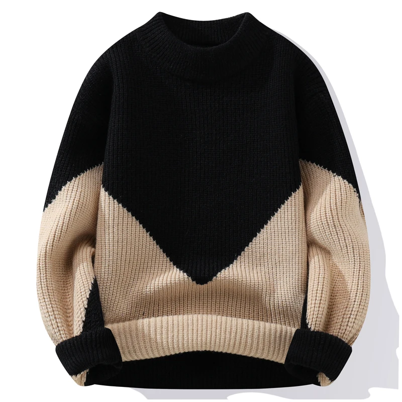 Мужская одежда фонарь длинный рукав резьба контрастный цвет свитер с круглым