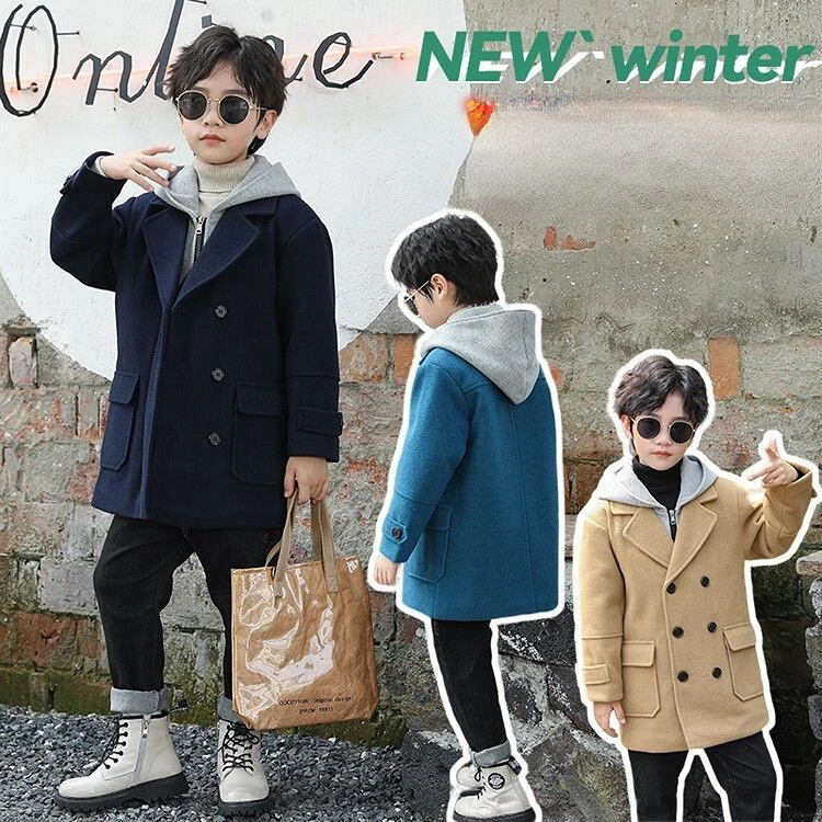 2023 Fashion Fall Winter Woolen Coat for 4-14 Boys New Hooded Double Breasted Pockets Thickening Keep Warm Children Jacket F128