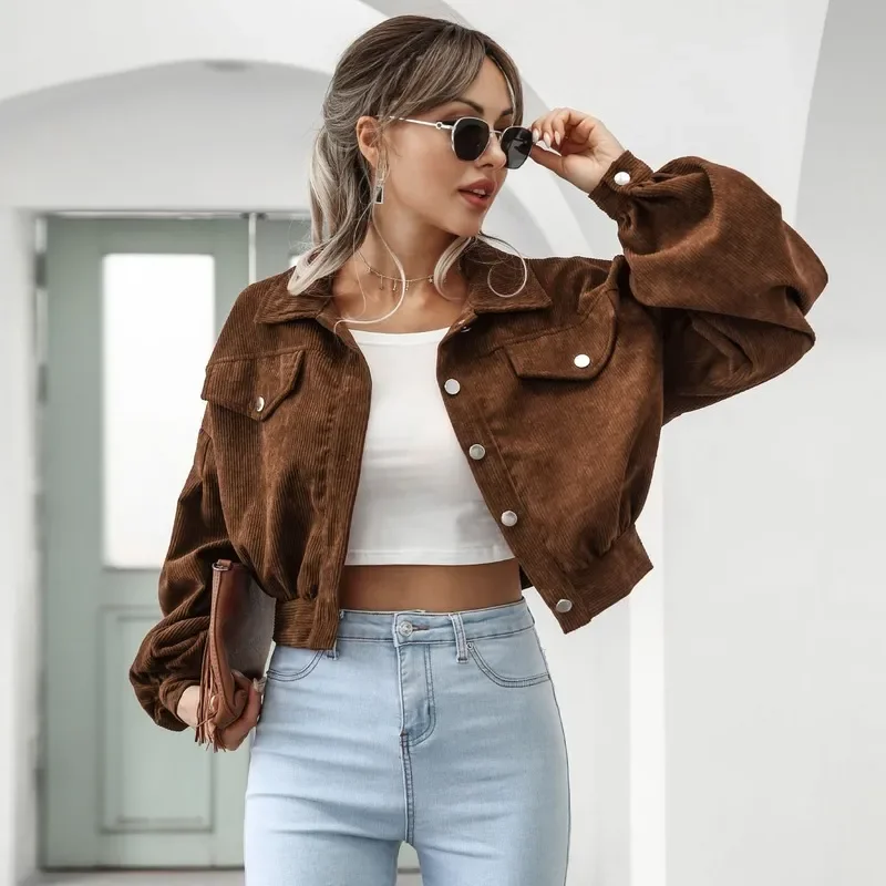 

Casual Lapel Corduroy Jacket Lantern Sleeve Single Breasted Short Jacket Women Fashion Pioneer Coolest Girls
