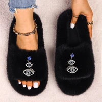 fur slippers women designer furry slides ladies flip flops rhinestone eye faux fur sandals house slippers luxury brand shoes