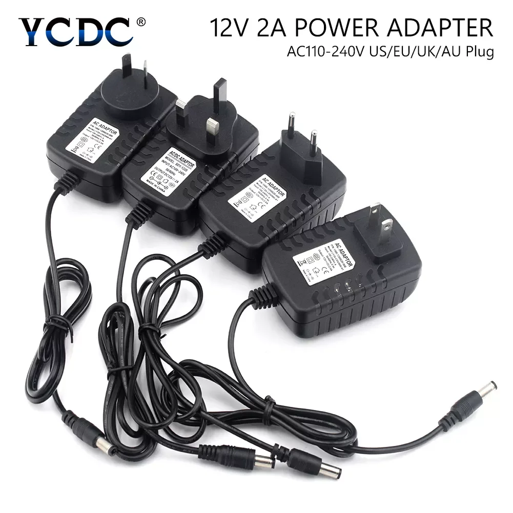 

Strip Light CCTV Power Supply Adapter Converter AC 100V-240V To DC 12V 2A With DC Connector + Power Cable US/EU/AU/UK Plug