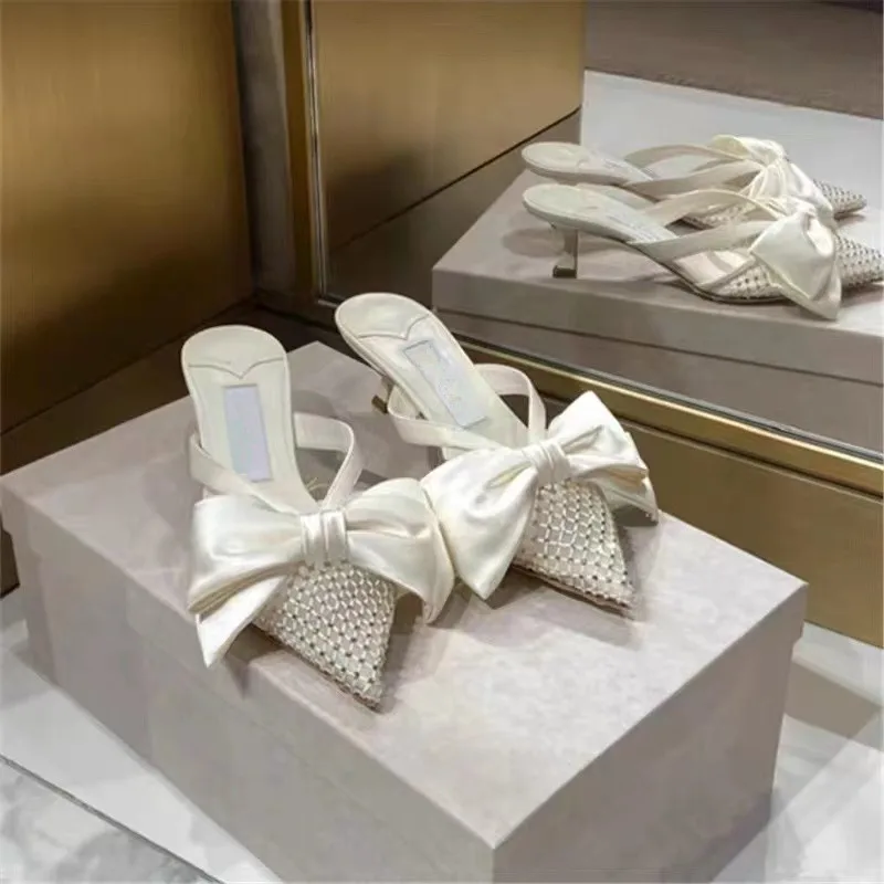 

2023 Summer Bowknot New Purple 5cm High Heel Sandals Pointed Middle Thin Heel Women Outdoor Slippers Black Rhinestone High Heels