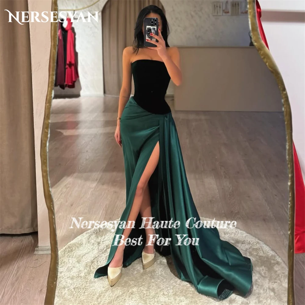 Nersesyan Emerable Green Русалка Вечерние платья Атласные складки с боковым разрезом