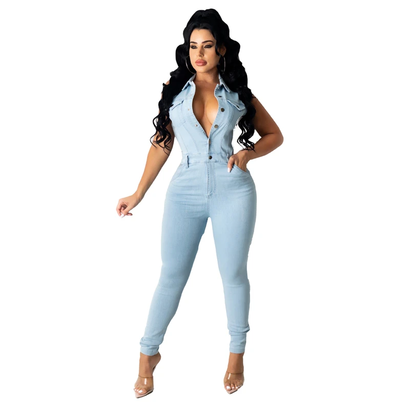 

Slim Sleeveless Cowboy Jumpsuit Woman Mono Vaquero Mujer 2023 Denim Jean Overalls for Women One Piece Elegance Tight Playsuit