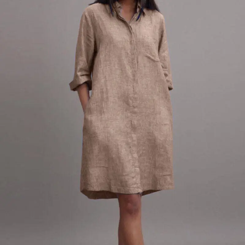 

Женское однотонное платье-трапеция из хлопка и льна, элегантное офисное платье-рубашка с отложным воротником, летние платья с коротким рукавом и карманами