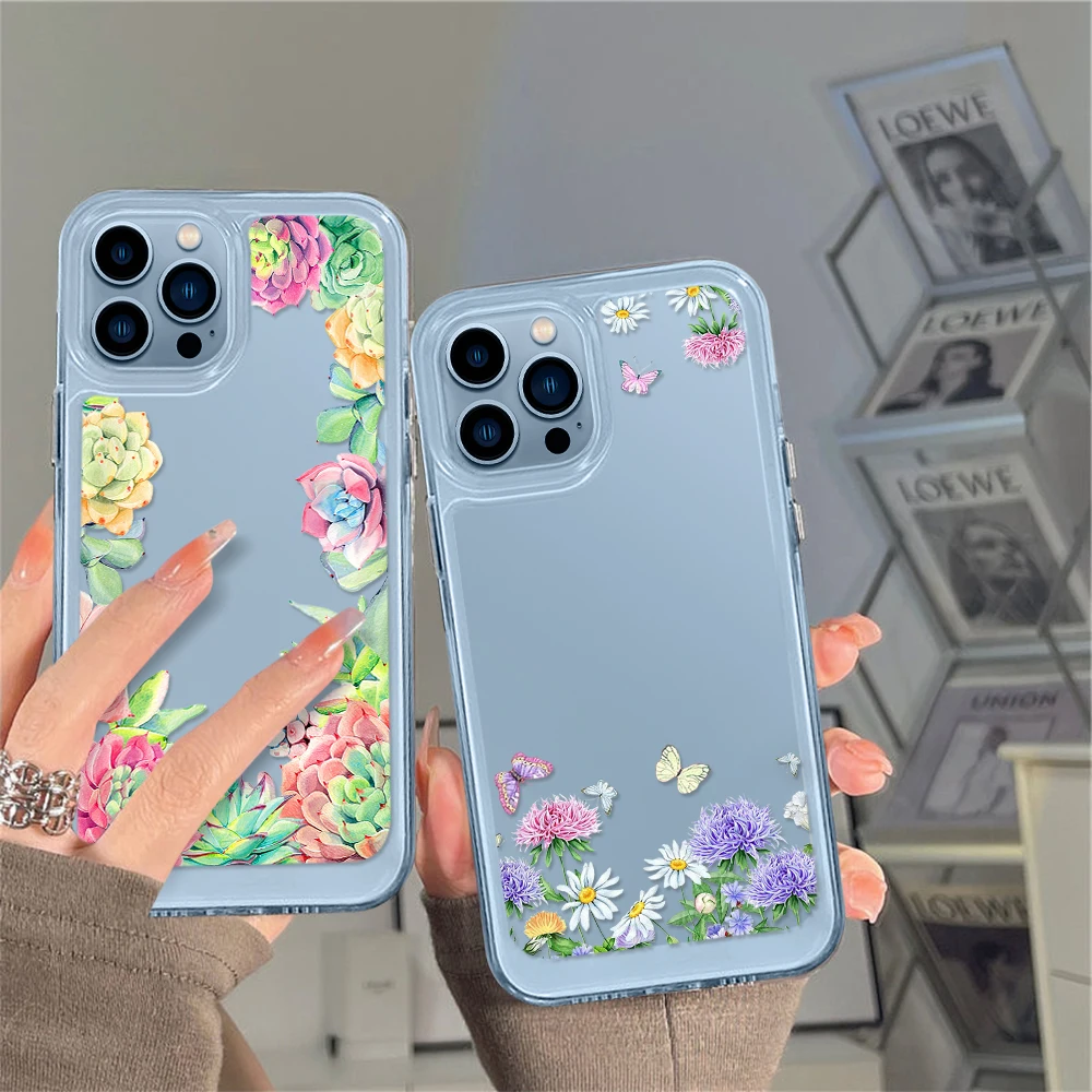 

For iPhone 14 13 Transparent Flower Phone Case For iPhone 12 11 Pro Max Mini XS XR X Protection Shell for iPhone14promax Fundas