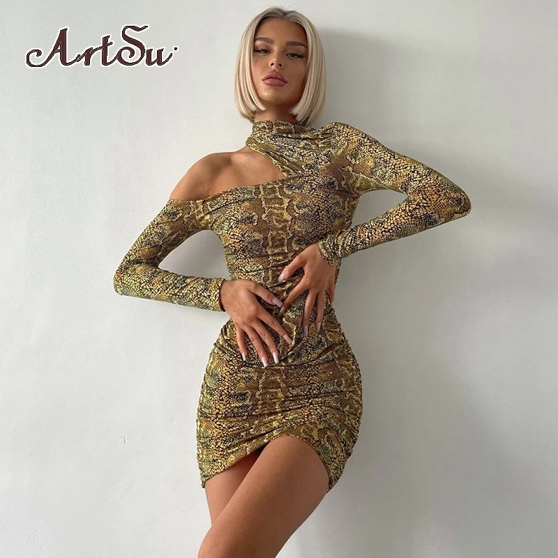 

Artsu One-Shoulder Mini Dress Women Gorgeous Print Sexy Sheath Shirring Club Style Charming Raglan Sleeve Attirewear
