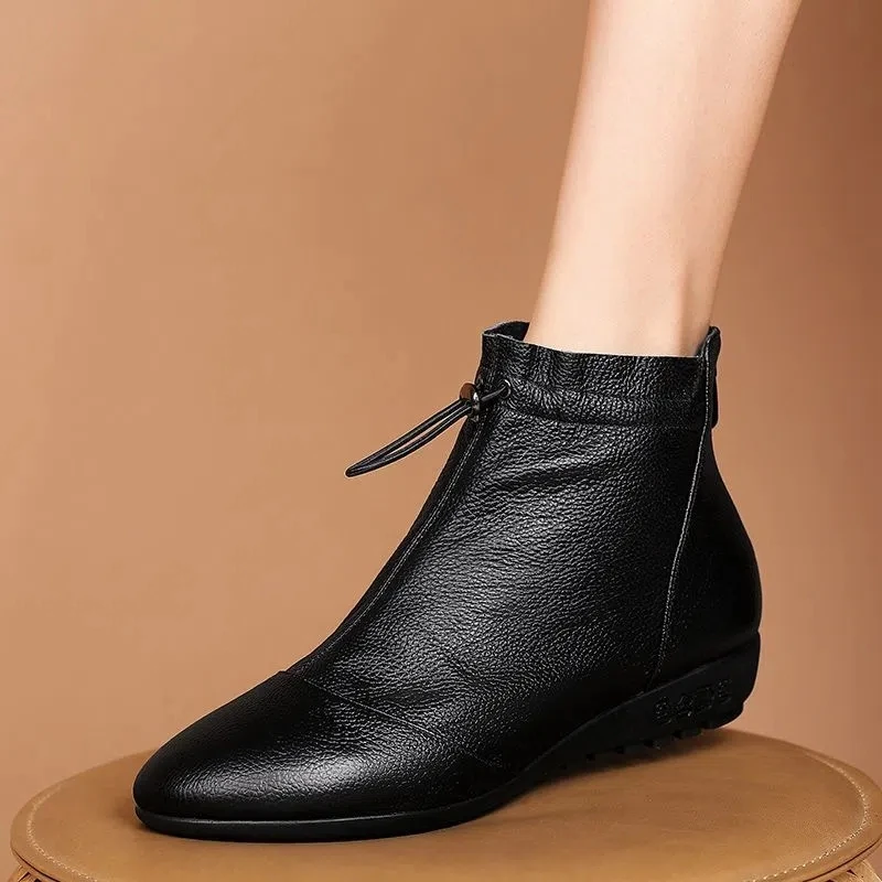 Feerldi Mom flat wedge winter boots comfortable drawstring ankle leather shoes for women 2022 warm wedges sneakers