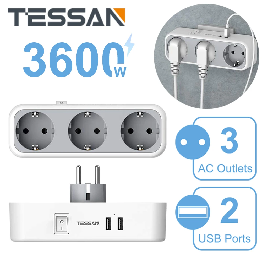 

USB-штепсельная вилка TESSAN, 5 в 1, USB-зарядное устройство с 2/3 USB (1/3 а) и розетками переменного тока, розетка с несколькими стандартами ЕС для дома, ...