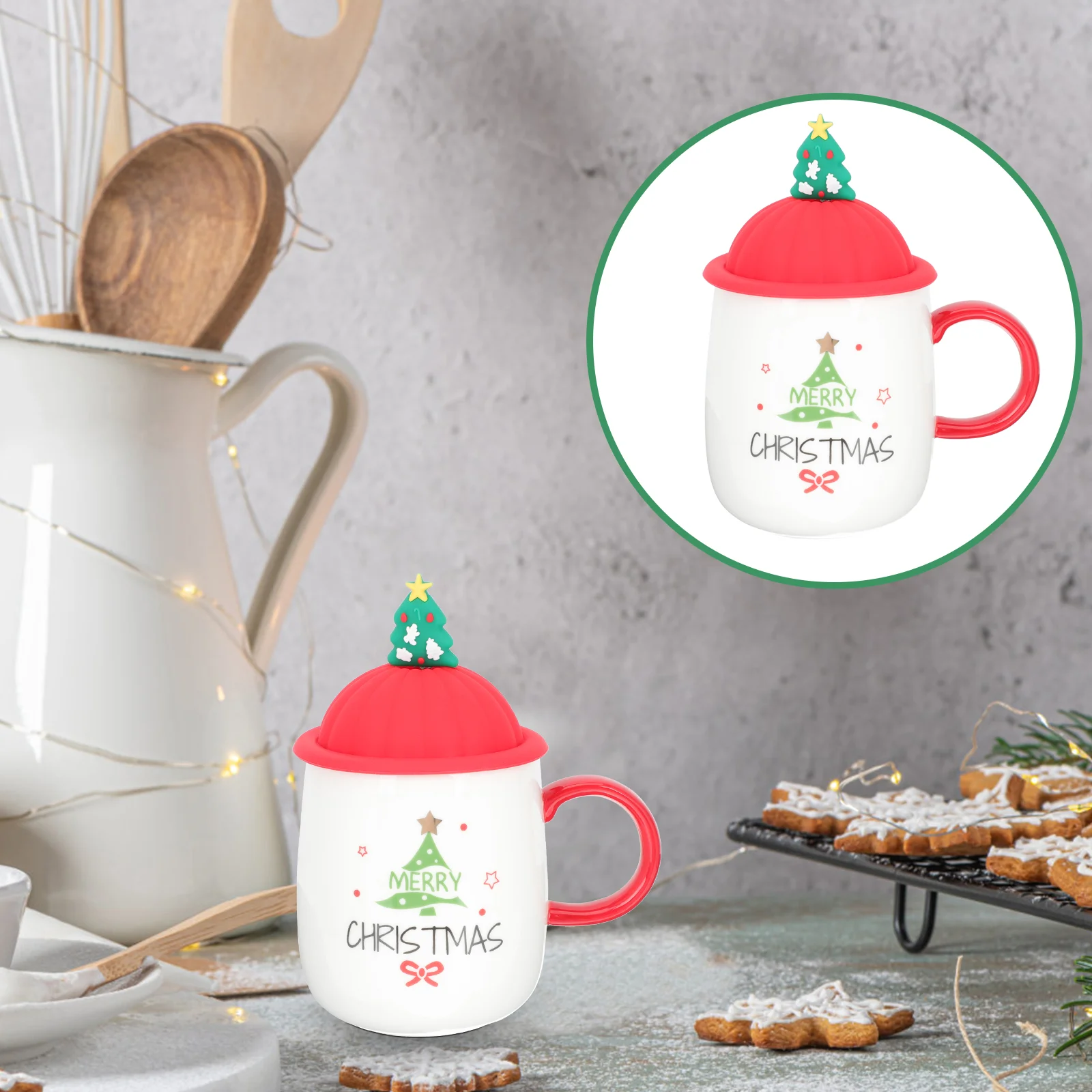 

Cup Mug Christmas Coffee Tea Ceramic Tumbler Mugs Waterlid Snow Globe Holiday Lattexmas Cappuccino Tree Cartoon Espresso Spoon