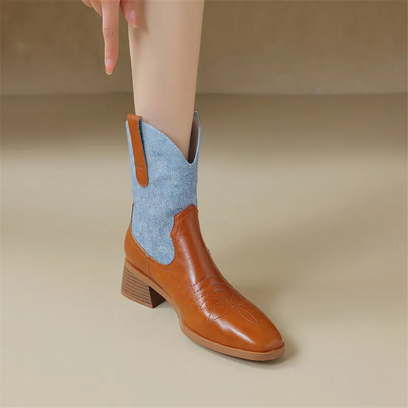 

Женские ботинки с квадратным носком, короткие ботинки разных цветов на массивном каблуке, Осень-зима 2023