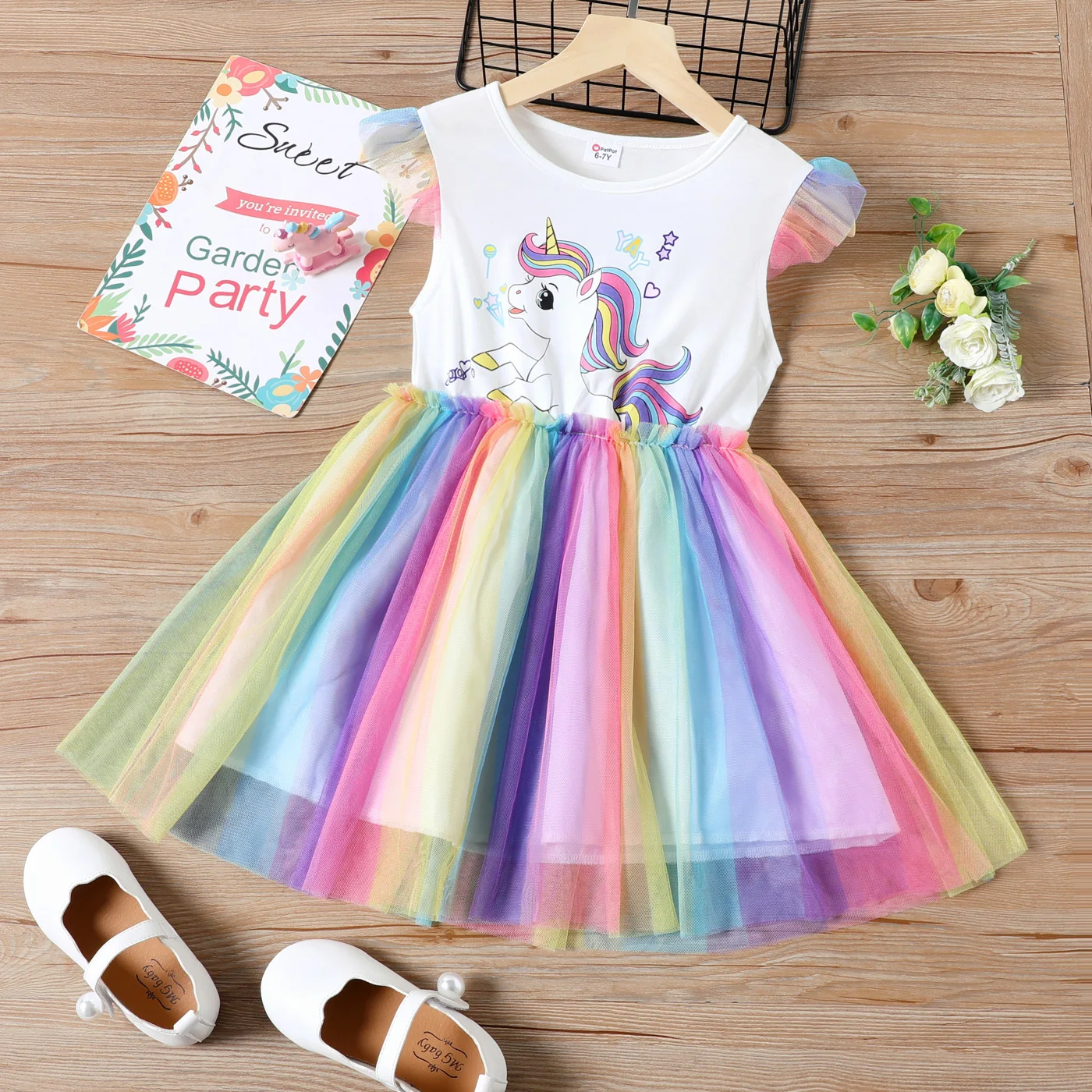 

PatPat Kid Girl Unicorn Print Sleeveless Colorful Mesh Splice Dress