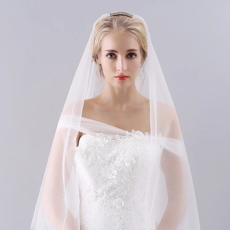 

O925 Graceful Fingertip Wedding Bridal Veil One-Layer Soft Tulle Cut Edge Crystal Decor Marriage Bride Veil with Hair Comb