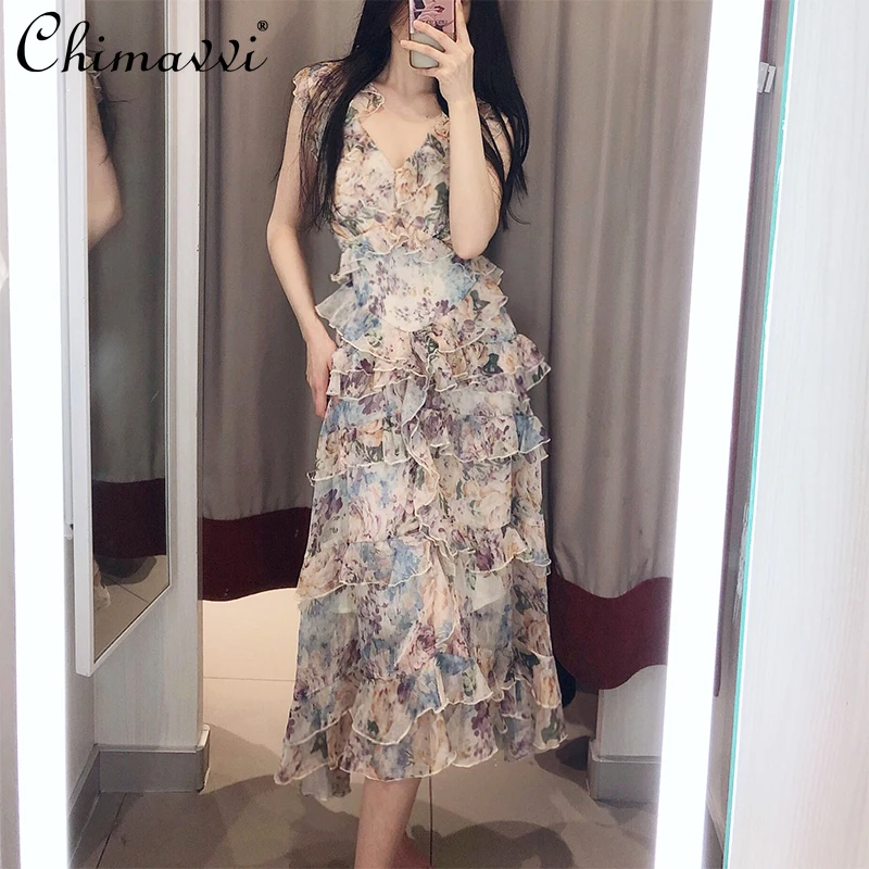 

2022 Summer Clothes New Fairy Girl Mori Style Floral Midi Dress Women's High Waist Slimming Elegant Bohemian Dresses Feminine