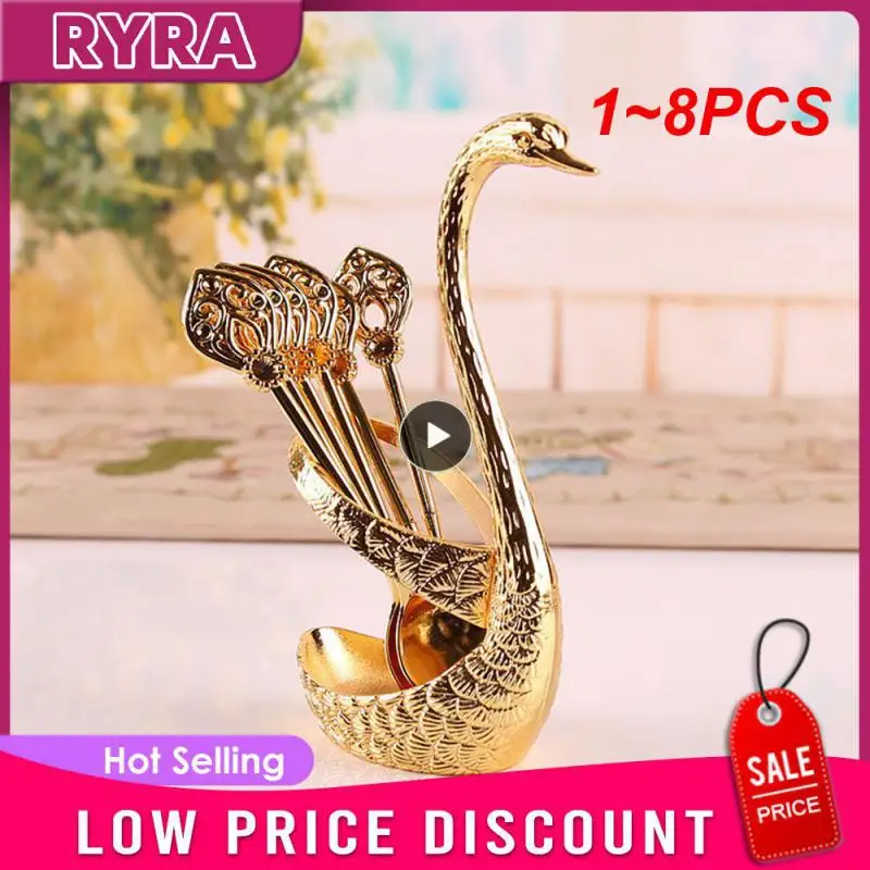 

1~8PCS Stainless Steel Creative Dinnerware Set Decorative Swan Base Holder with 6 Spoons for Coffee Fruit Dessert Stirring
