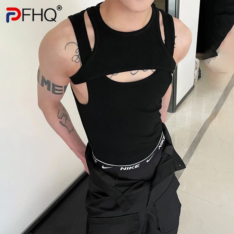 

PFHQ New Spring Elegant Men's Sleeveless Vest 2023 Trendy Hollowed-out Sexy Fashion Tops Niche Design Free Shipping High Quality