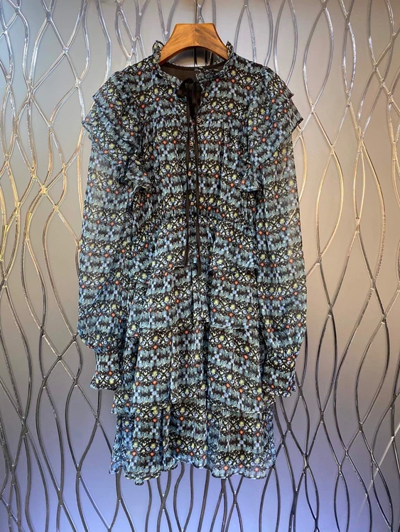 

2022 new women fashion long sleeve neckline knotted sleeve shoulder ruffle stitching print dress 730