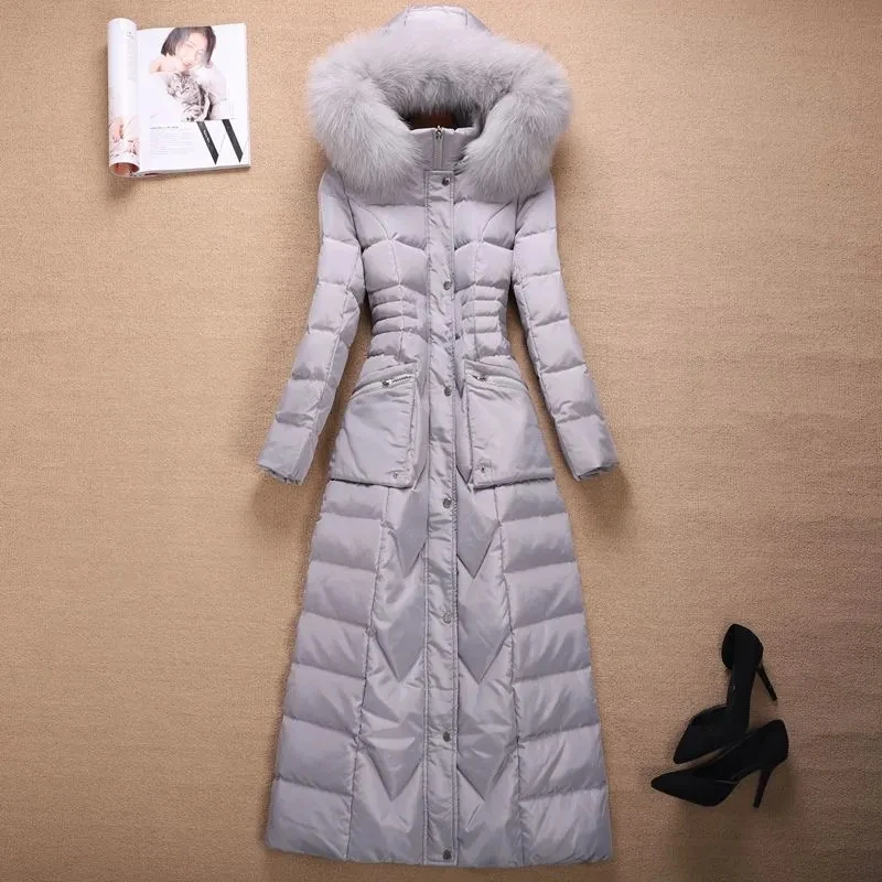 

Winter Down Jacket Women 2023 New Fashion Slim Real Fox Fur Collar White Duck Down Coat Female Large Size Long Hooded Parkas