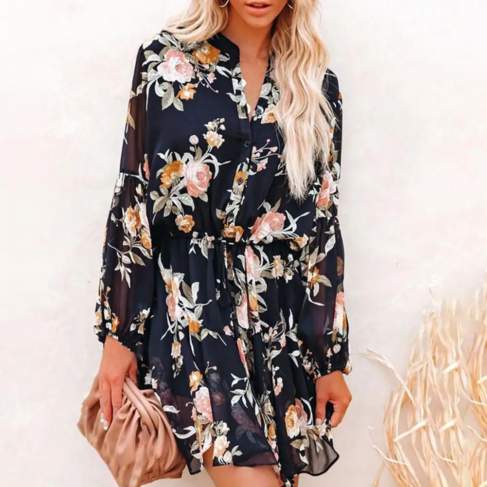 

Women Chiffon Dress V-neck Lantern Long Sleeve Pleated Hem Dress Lace-Up Waist Tight Floral Print Autumn Dress Female Clothes