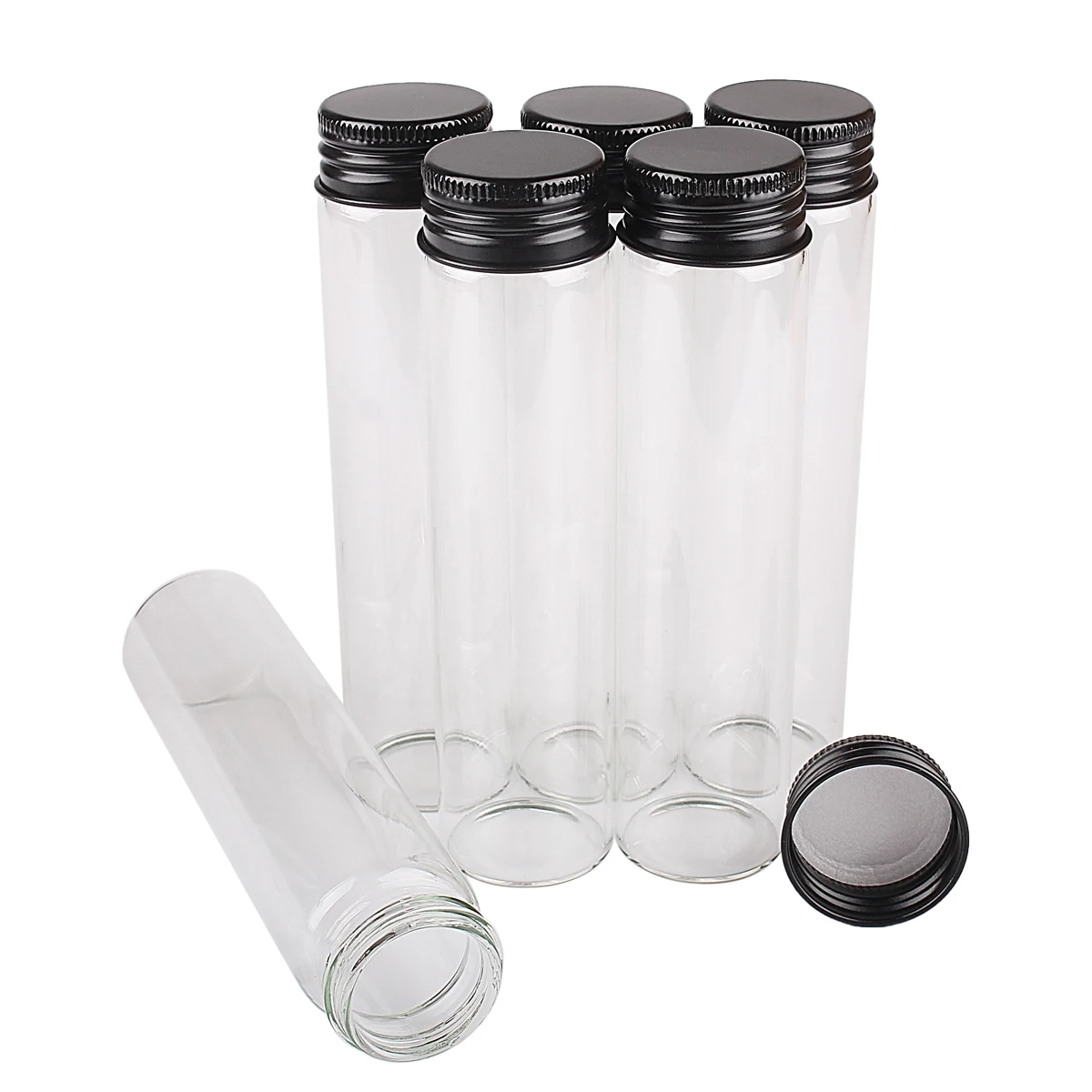 

5pcs 60ml 30*120mm Glass Bottles with Black Aluminum Caps Potion Spice Wishing Bottles Glass Vessels for Wedding DIY Craft Gift
