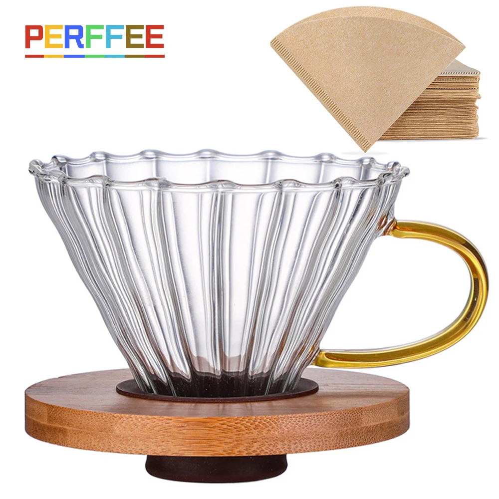 V60 Coffee Dripper Hand Drip Reusable Coffee Filter with Wooden Holder Pour Over Brewing Cup Glass Funnel V01 V02 1-4Cups