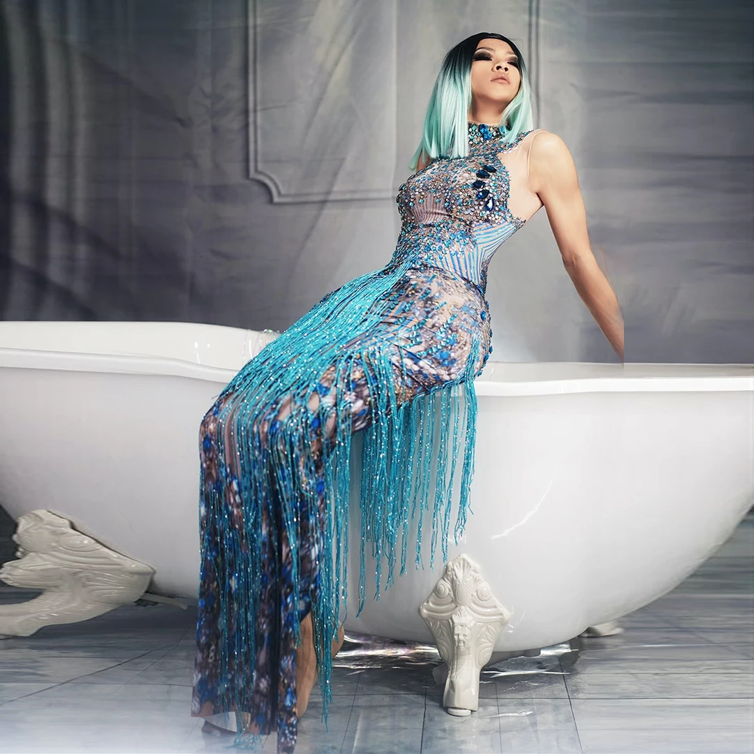 Модные вечерние длинные платья Стразы с синими кристаллами для женщин